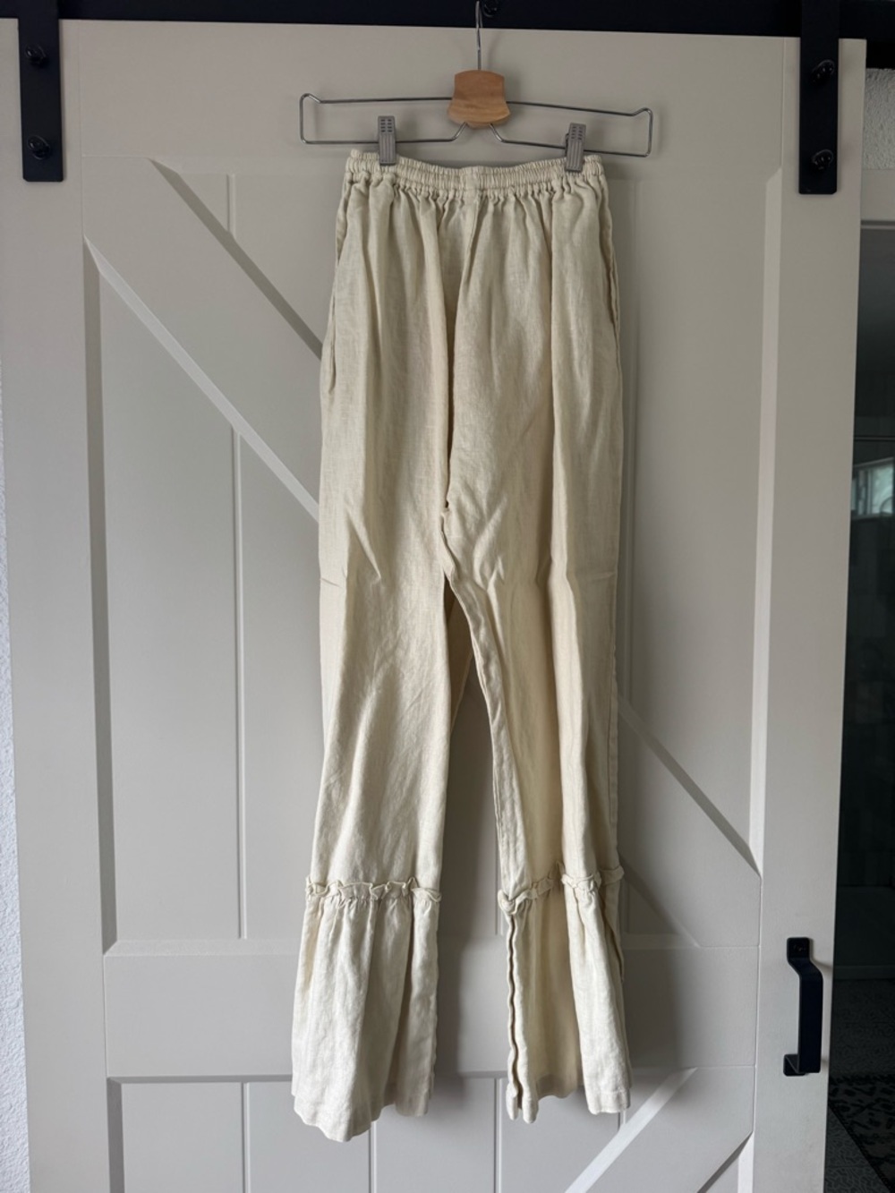 Myrah Penaloza Linen Cream Ruffle Hem Wide-Leg Pants